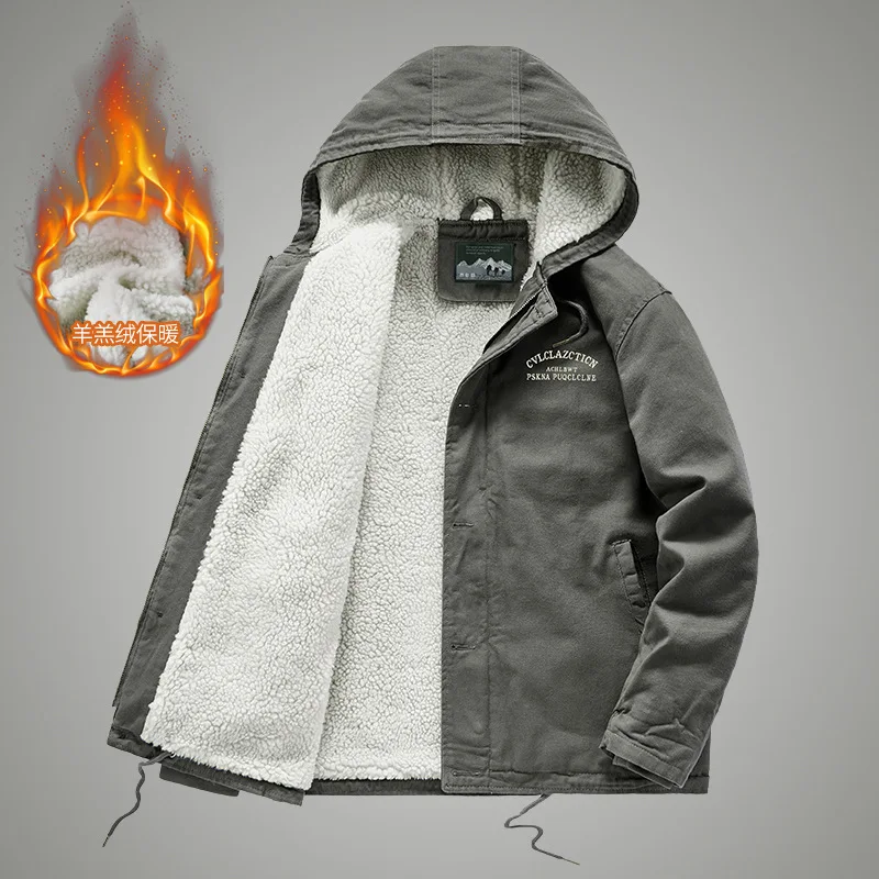 Winter Middle-aged & Young Men's Casual Hooded Lamb Wool Velvet Large Size Retro Tooling Thickened Cotton-padded Jacket