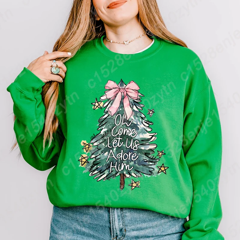 Christmas Tree Oh Come Let Us Adore Him Sweatshirt Women Autumn Winter Sports Pullover Ladies Crew Neck Hoodeless Pullovers Tops