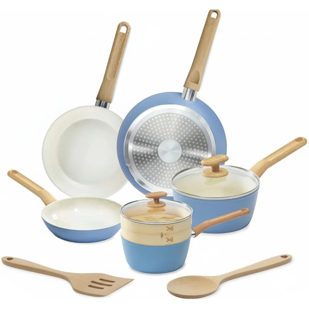 

Набор керамической посуды из титана, 10 предметов, голубой цвет — индукционные кастрюли и сковородки с антипригарным покрытием и посудой