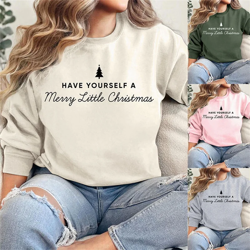 New cotton women's winter have yourself a merry little christmas tree letter printed fleece vintage crew-neck hoodie