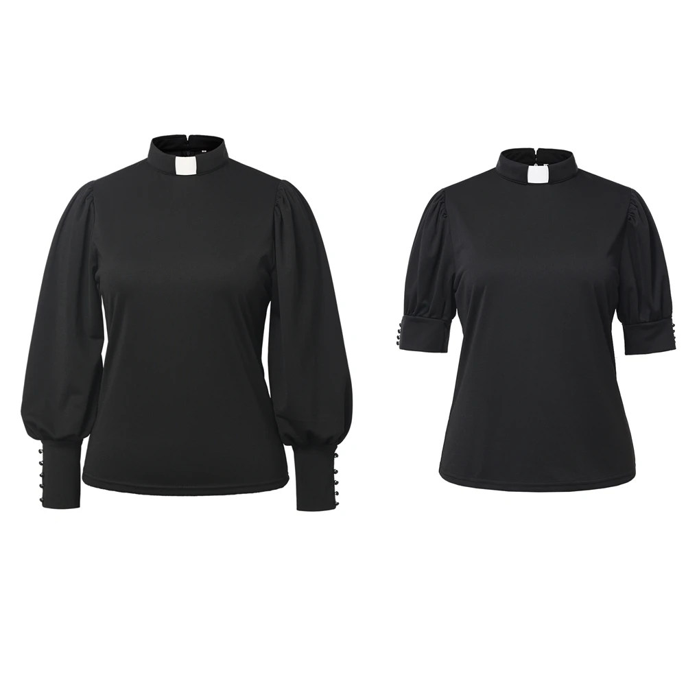 

Priest Tab Collar Black Clergy Shirt for Women Long Sleeve Church Costume