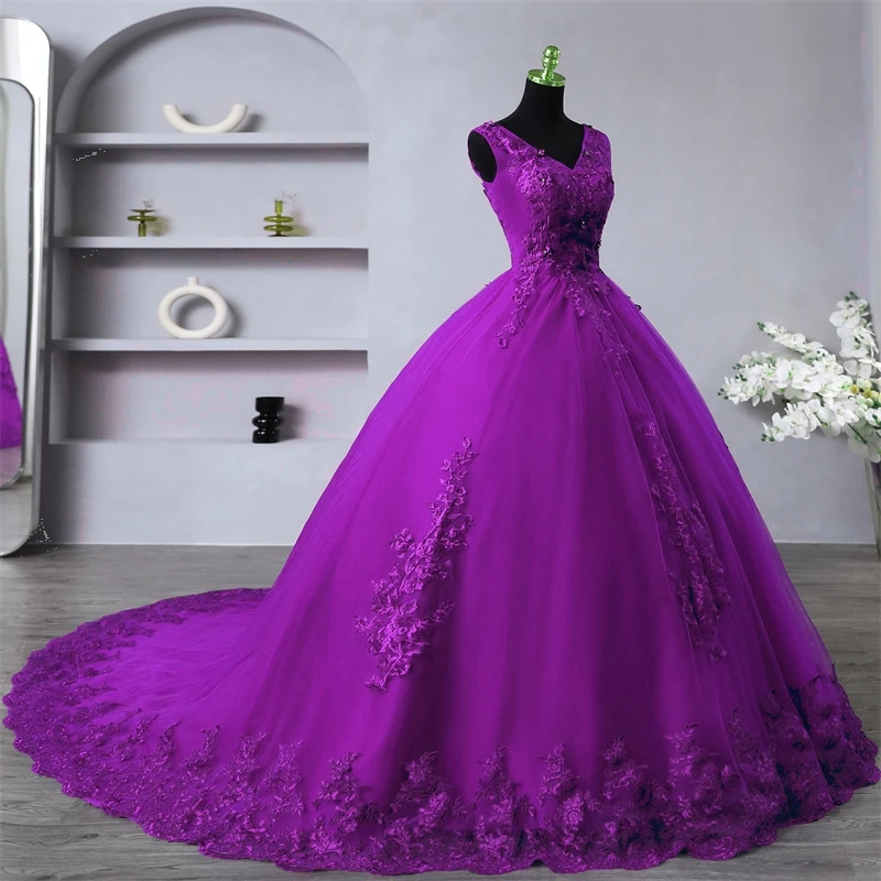 Custom Colors Vintage Long Train Sweet 16 Dress V Neck Quinceanera Dress Ball Gown Flowers Women Plus Size Vestido De Noiva