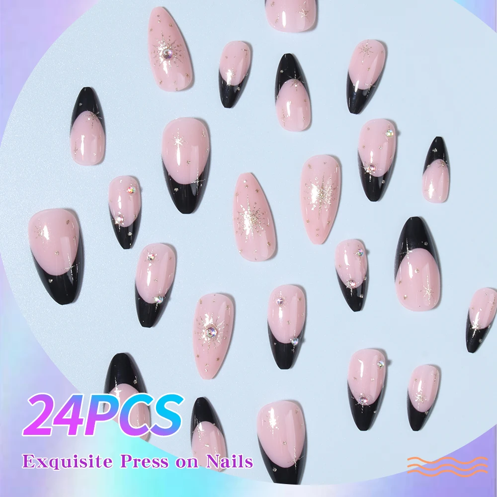 24個入り ロングアーモンド グリッター ラインストーンデザイン ブラックフレンチチップ つけ爪 ロングフィット 完璧にフィットするアクリル製フェイクネイルセット、conta