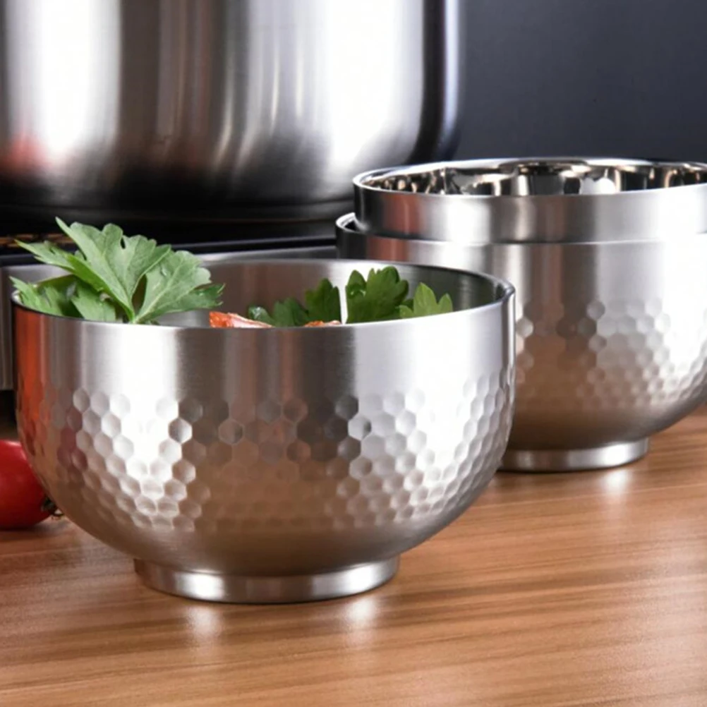 

3 Pcs Double Layer Lucky Bowls Stainless Steel Rice Soup Reusable Non Slip Stackable Metal Small Ramen Kitchen Bar Utensils