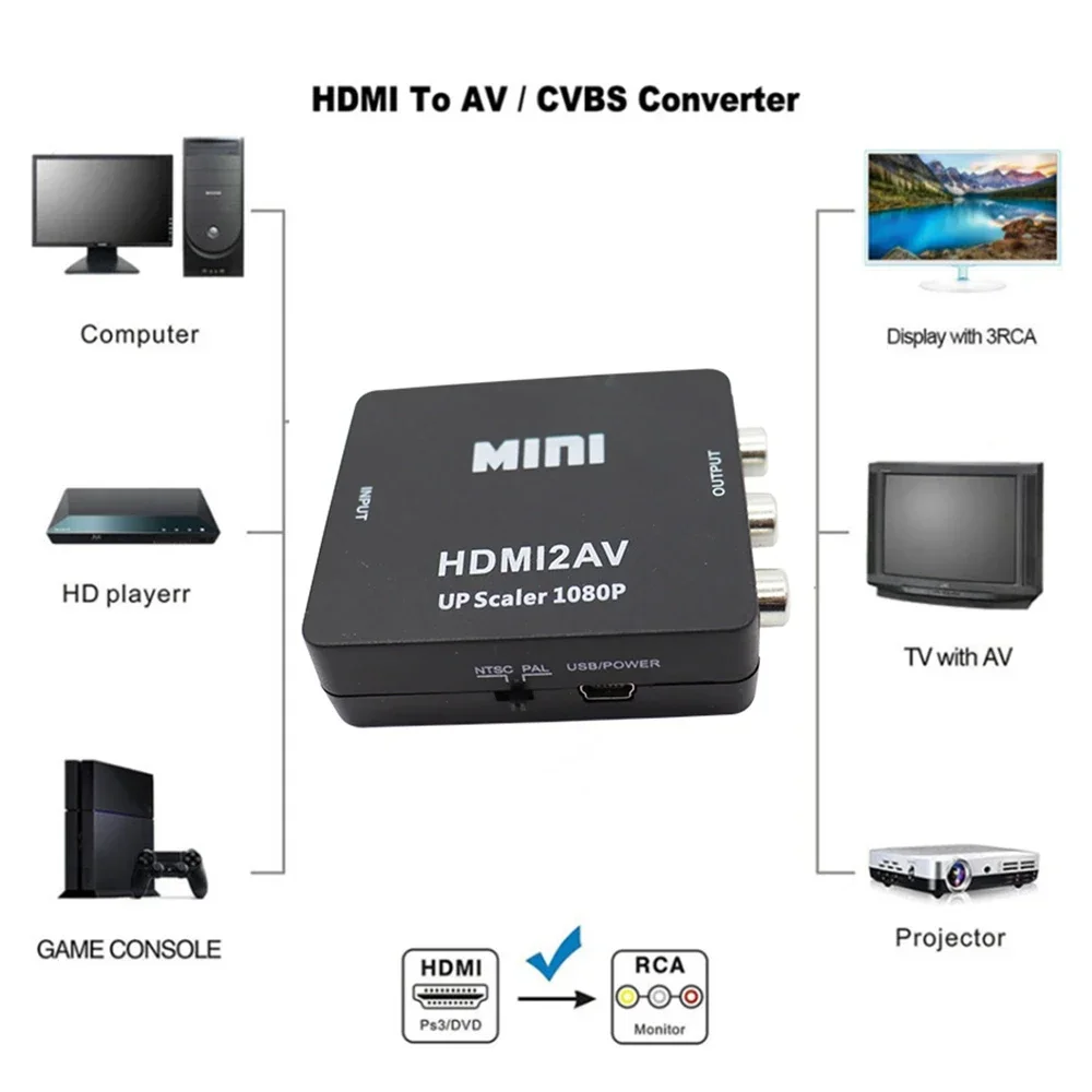 HD 1080P HDMI-متوافق مع محول RCA AV/CVBS صندوق محول فيديو صغير HDMI2AV لأجهزة PS3 VCR DVD PALMTSC PC