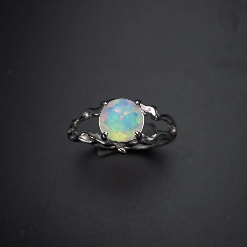 Elegant Natural Opal Rings 925 Sterling Silver Gemstone Round Cut 8mm Hand Made Jewelry for Women Lady Party Wedding Gift