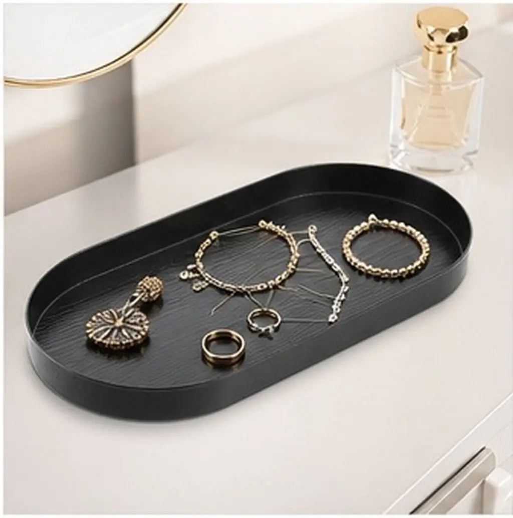 Oval Iron Tray Black Decorative Vanity Organizer for Jewelry, Keys, Perfume – Bathroom Countertop Display Plate