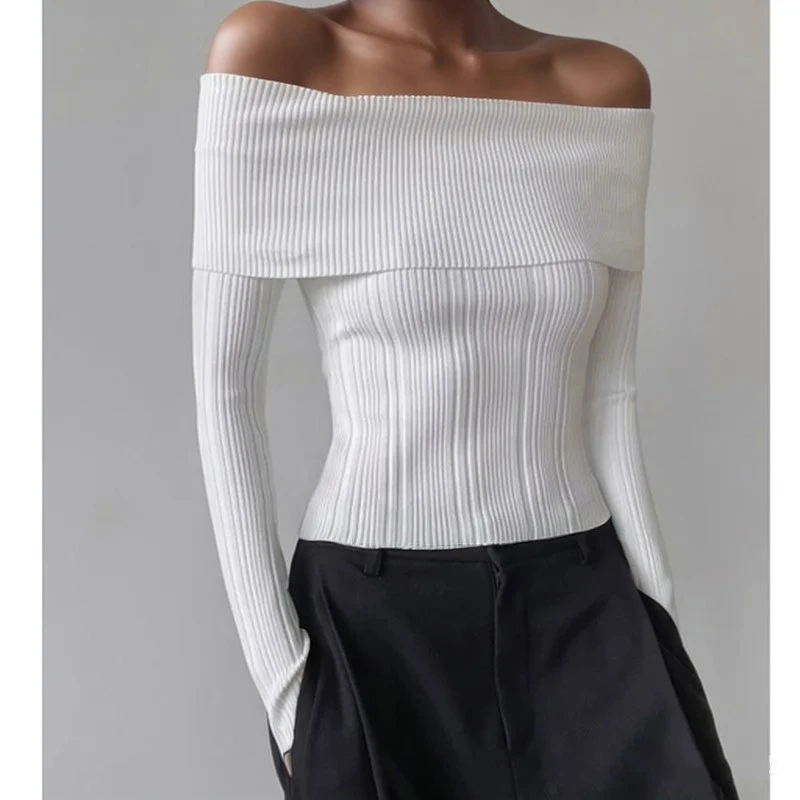 

Элегантный пуловер с открытыми плечами, женский свитер, осень 202, облегающий трикотаж с длинными рукавами, осенний повседневный сексуальный однотонный трикотаж, одежда