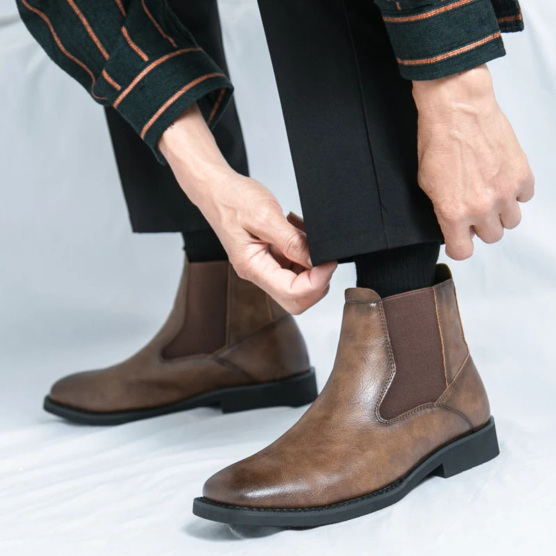 Business Ankle Boots Men Square Toe Two-layer Pigskin European Style Business Office Fashion Chelsea Boots Size 38-46 Men Boots