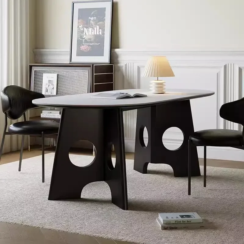 Solid wood black dining table French retro home small dining table Italian medieval style white slate dining table and chair