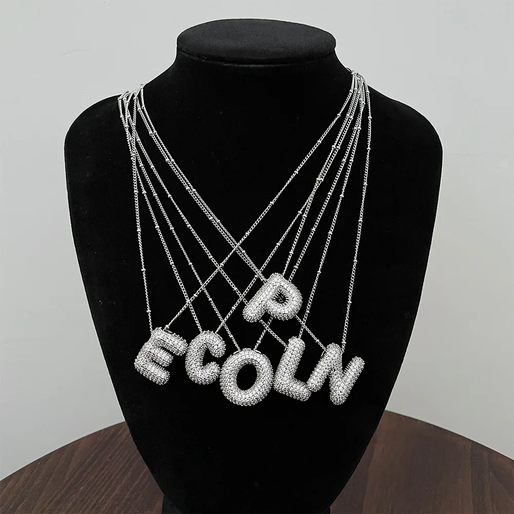 Shiny Zircon Initial Letters Pendant Necklace for Women Men Silver Color Balloon Bubble Chunky Necklace Hip Hop Jewelry Gift