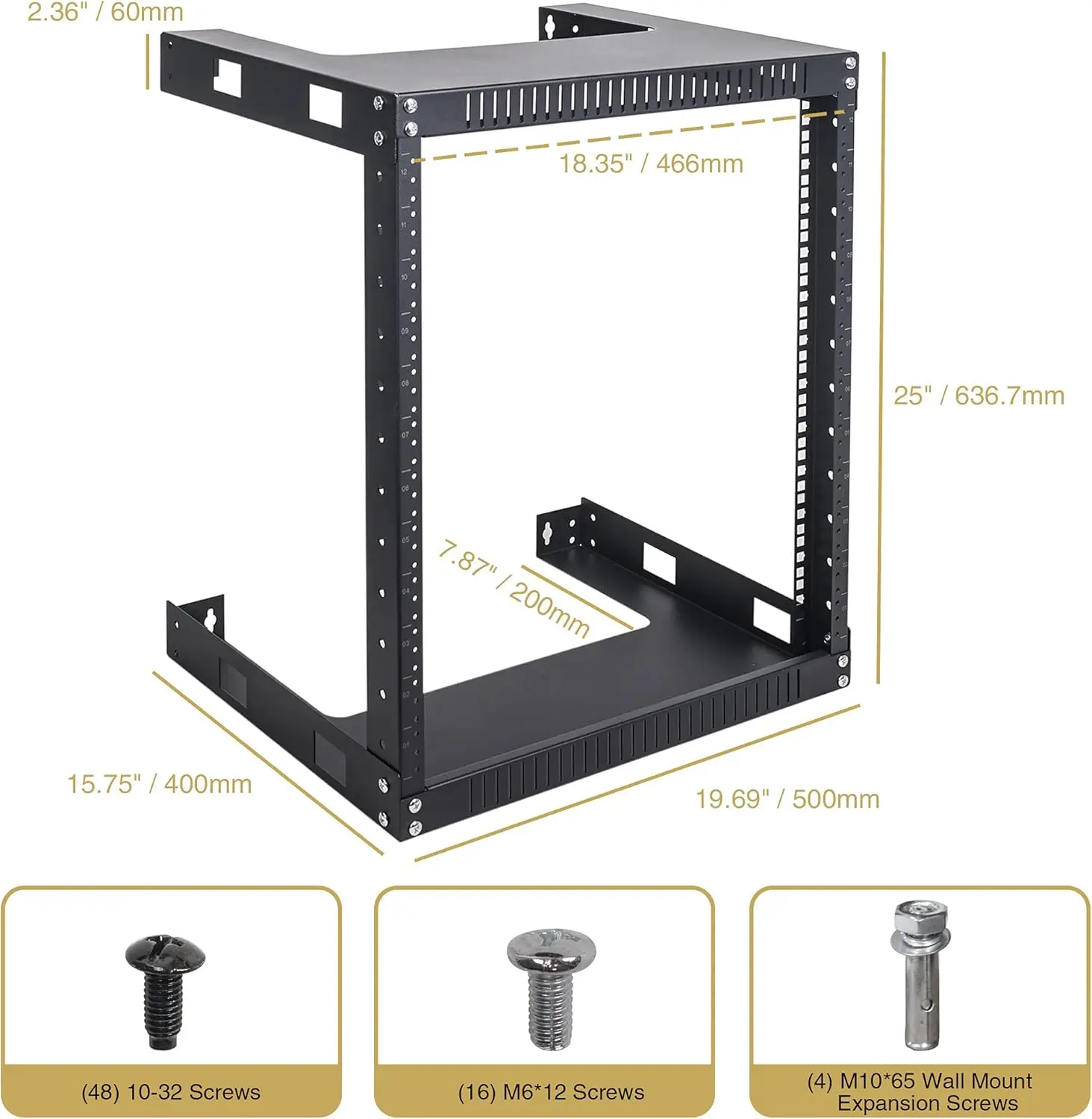 

2-Post 12U Wall Mount Open Frame Rack, 16" Depth, for Servers, IT Equipment, Network Devices, AV,