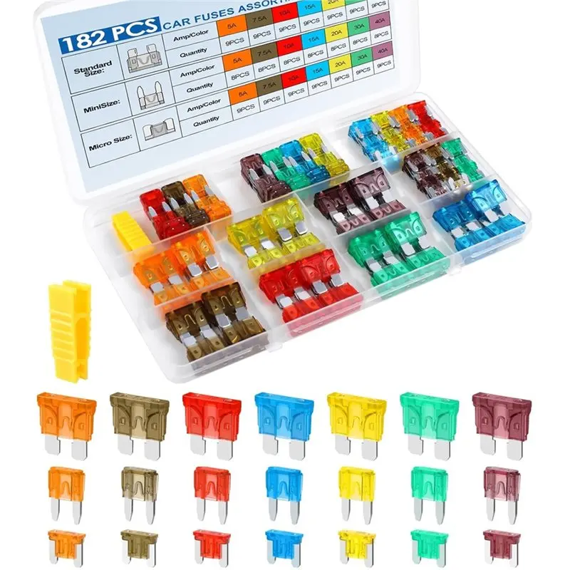 【RECOMENDAR】182PCS Car Fuses Assortment Kit, Professional Blade Fuses Automotive - Standard & Mini & Low Profile Mini Fuse