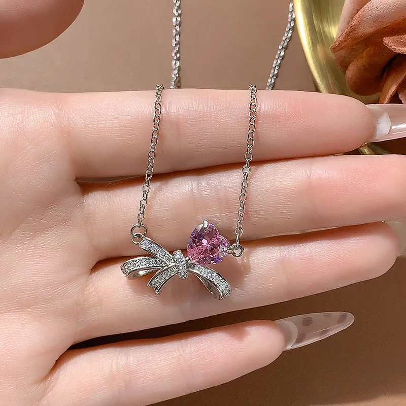 

Glittering Pink Zircon Bow Necklace, Heart Motif, Silver Plated, Must - Have for Party Nights/Birthday Celebrations, Sweet Style