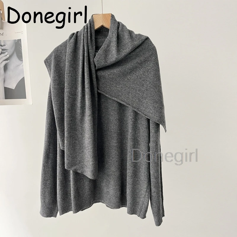 Women's Wool Sweater Fashion Asymmetric Scarf Knit Jacket Long Sleeve Split Hem Streetwear Casual Jacket накидка женская кейкап