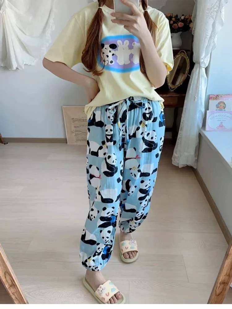 

Women's Panda Pajama Pants Cotton Gauze Lounge Pants Loose Cartoon Pajama Pants 2024 New