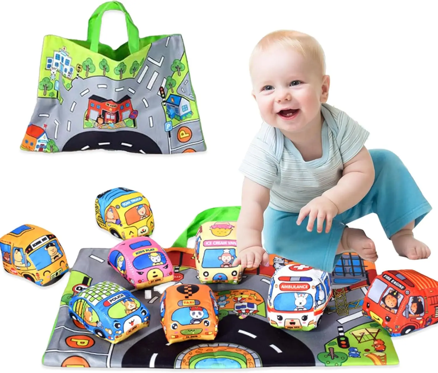Soft Fabric Car Toy for Babies - Tear-Resistant Cloth Book with Storage Bag & Play Mat, Early Learning Travel Sensory Toy Gift