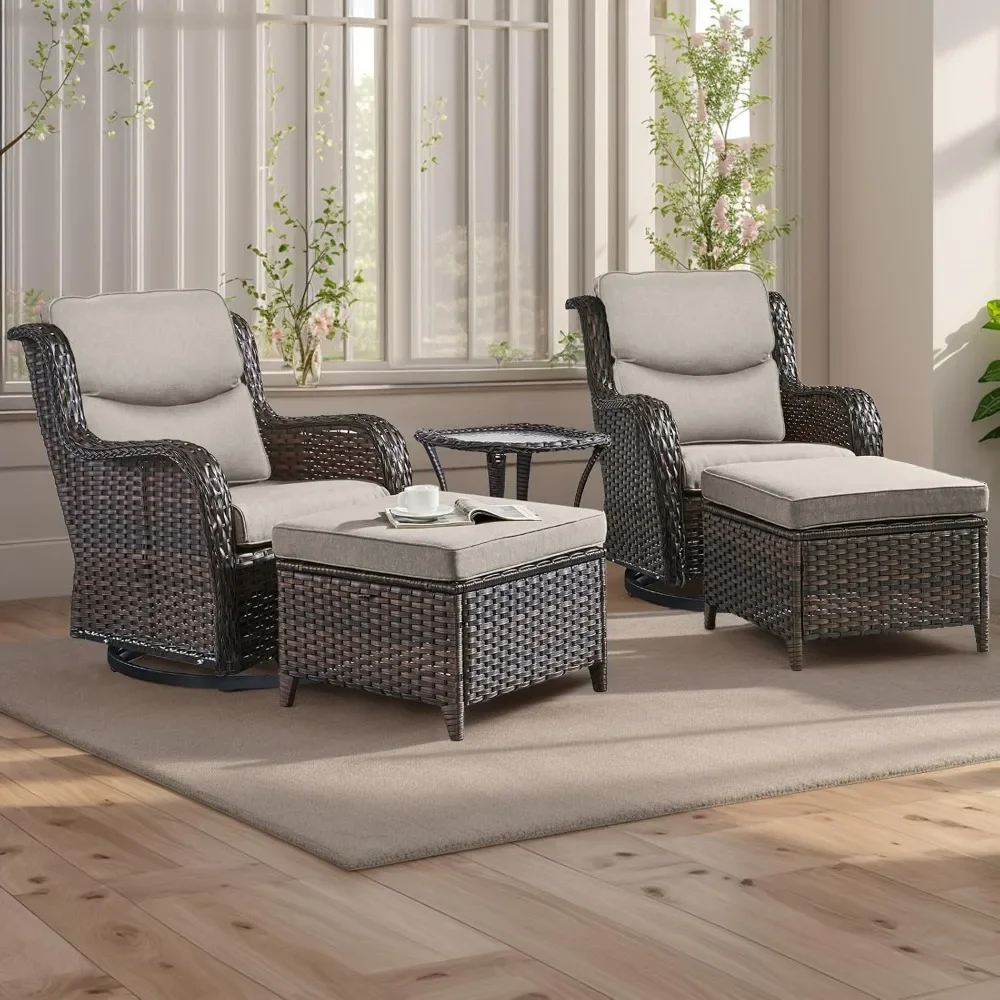 

5 Piece Wicker Patio Furniture Set, Outdoor Sectional Conversation Sets with 2 Swivel Rocking Chairs,2 Ottomans and 1 Side Table