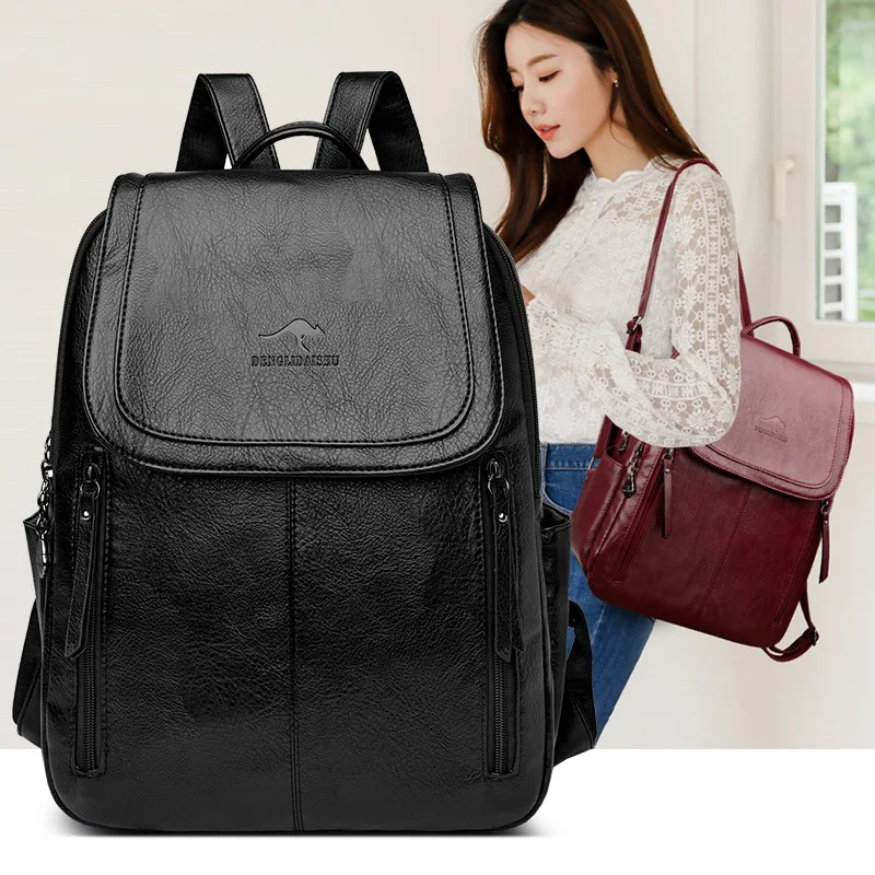 Backpack Women2024New Soft Leather Backpack Korean Style Fashionable Women's Simple Fashion Travel Bags Large Capacity Schoo