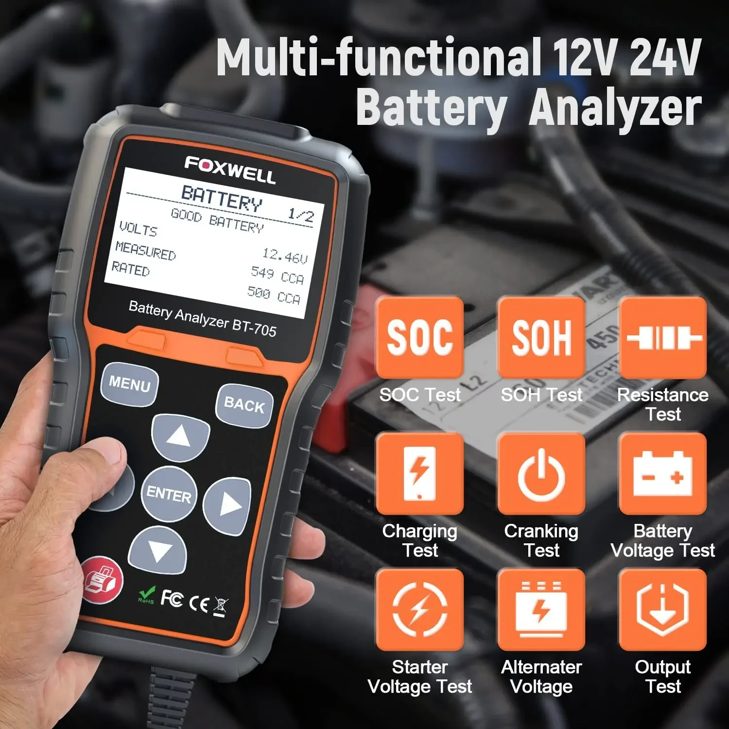 FOXWELL BT705 Professional Battery Tester 12v 24v Heavy Duty Truck Cranking Charging System Test 100-2000CCA Battery Load Tester