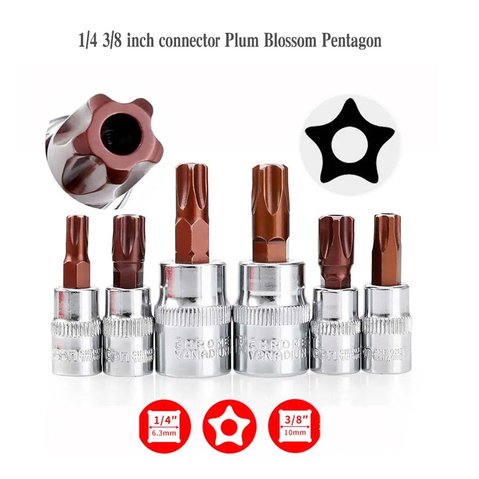 1/4 T10-T50 Star Pentalobe Screwdriver Bit Socket Set  Drive Socket Car Hand Tools Repair Kit Cr-V Steel  Power tool fittings