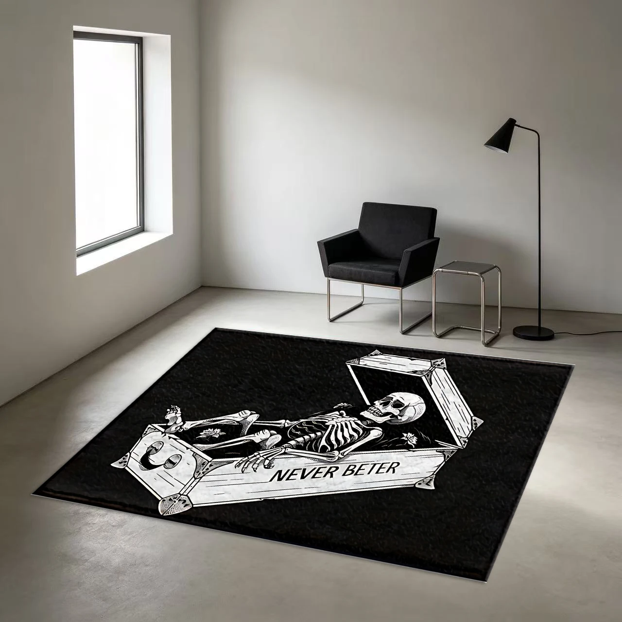 Gothic-Style Skull Coffin Art Carpet, Non-Slip Cool Rug Suitable for Bedroom, Living Room, and Home Decoration