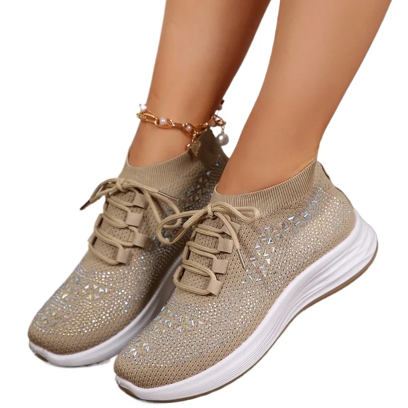 Ladies Shoes 2024 High Quality Lace-up Women's Vulcanize Shoes Fashion Crystal Ladies Casual Shoes New Round Head Mesh Sneakers