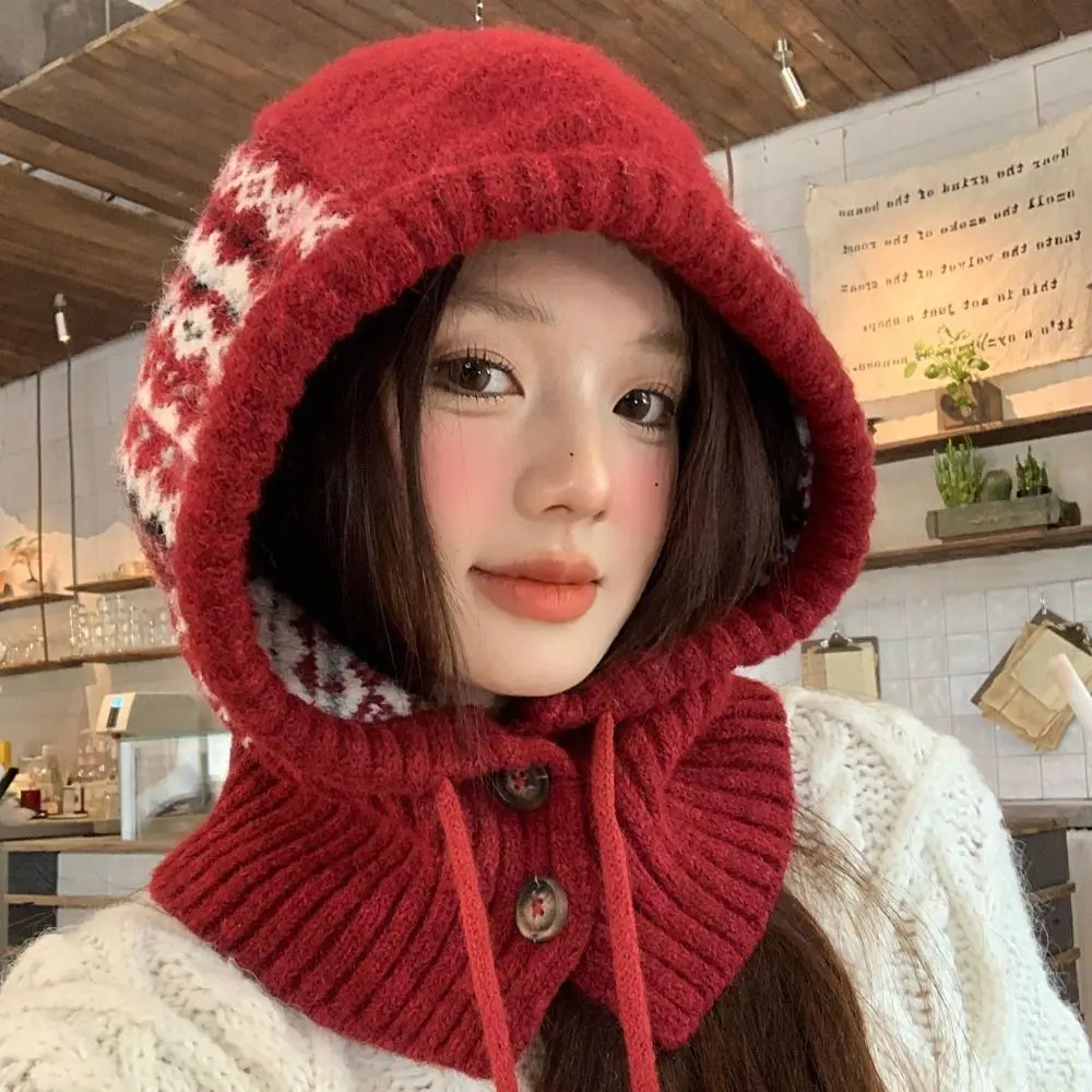 Warm Pullover Hat Jacquard Balaclava Hat Red Beanie Ear Protection Hat Printed Thickened Winter Cap Streetwear