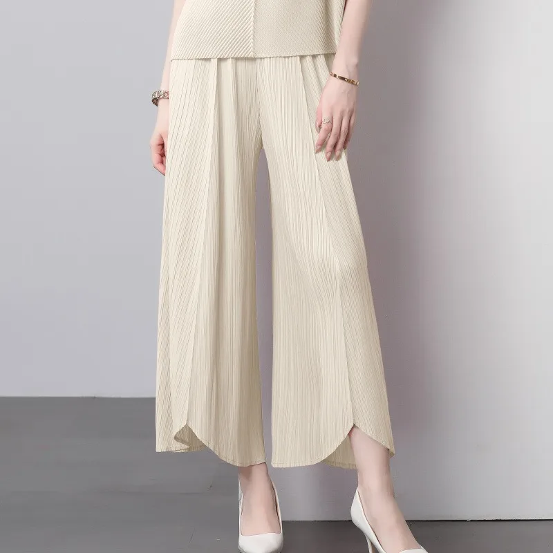 

Miyake Pleated Pant 2026 Summer New Casual Loose Elegant Nine-Point Wide-Leg Flared Pants Women Draped Elastic Trousers Clothing