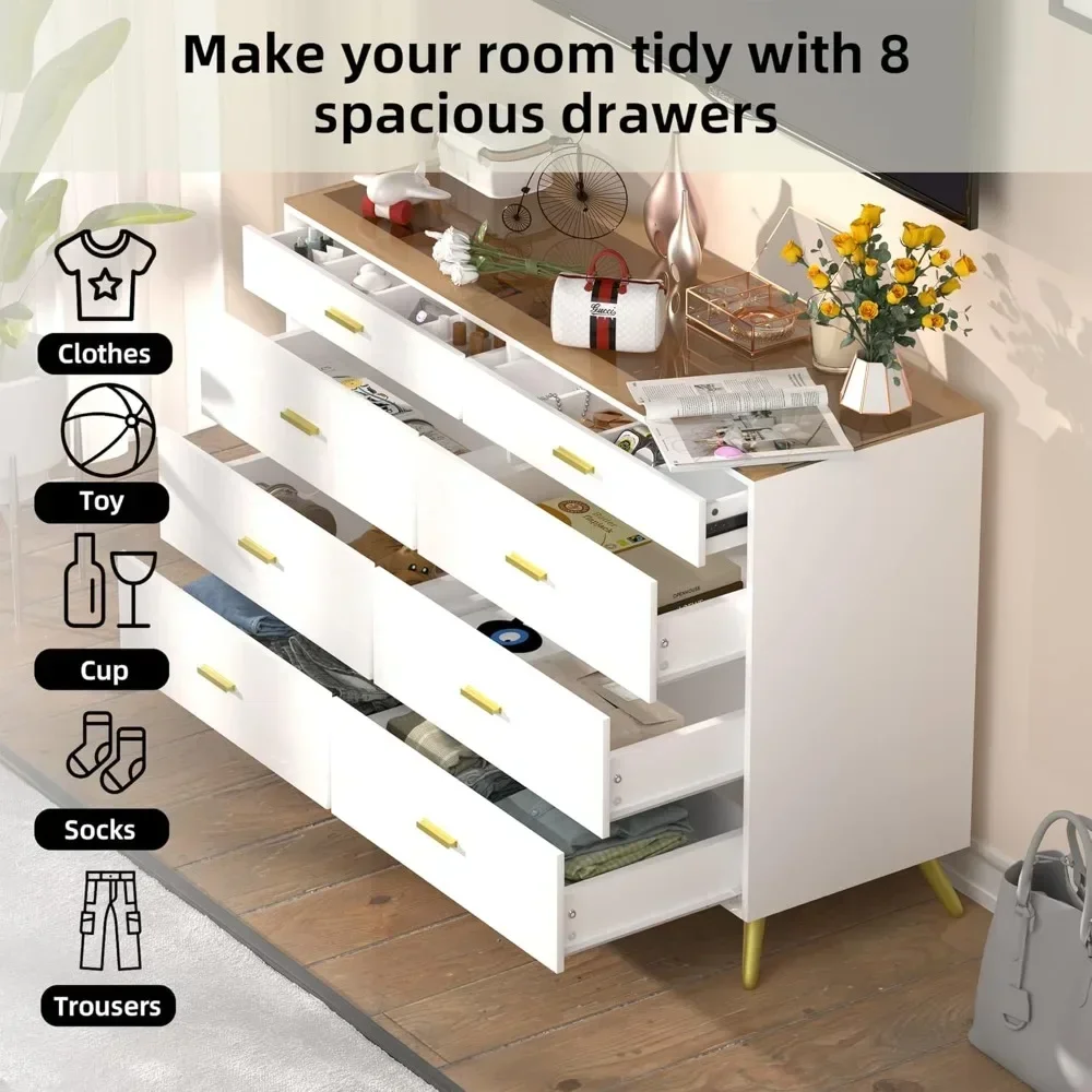 White Dresser with LED Lights for Bedroom,8 Drawer Dressers with Tempered Glass Top,Chests of Drawers with 2 Grid Drawer