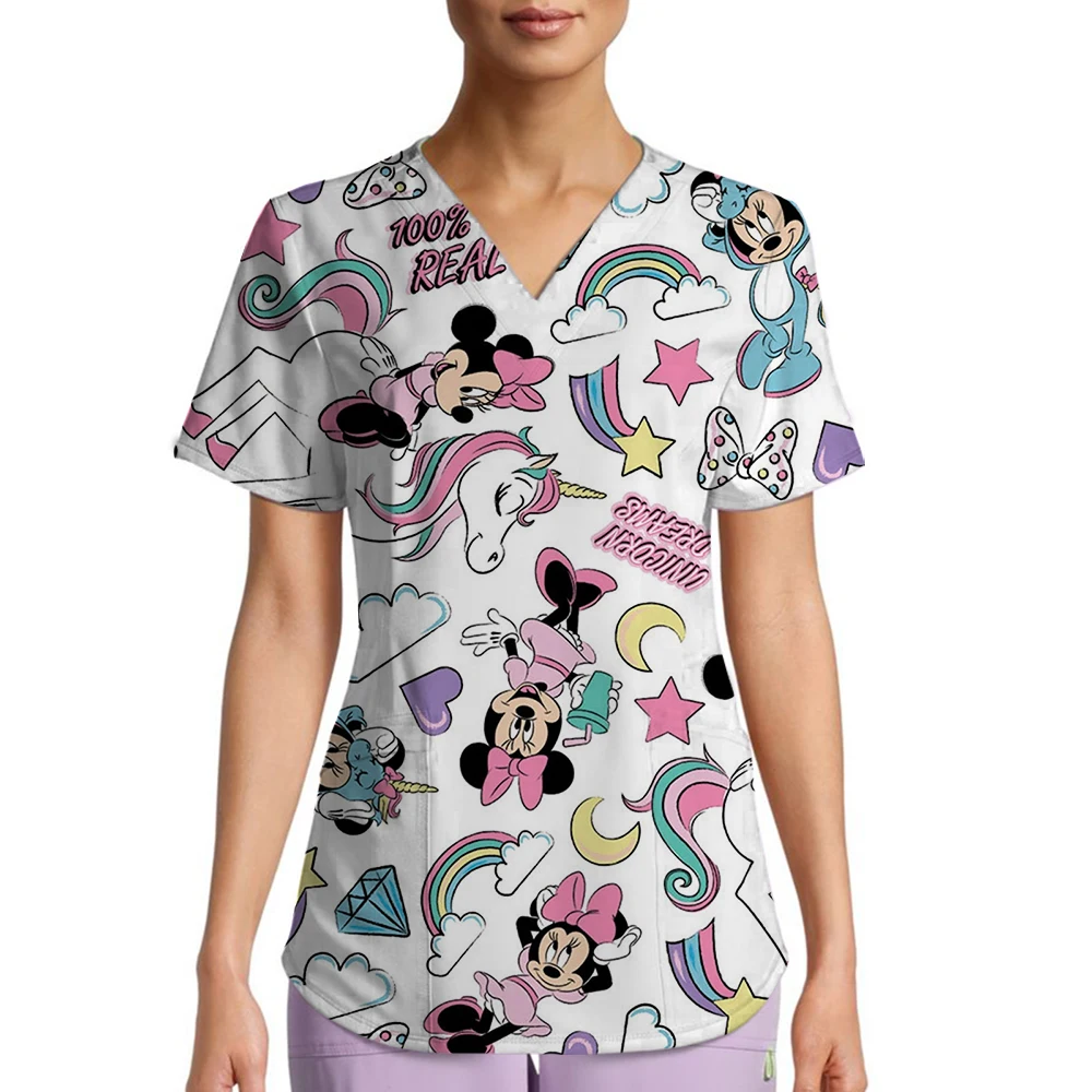 

Medical Surgical Gown With Disney Mickey Mouse Print V-neck Pocket, Dental Ladies' Nurse Scrub Beauty Treatment Medical Gown