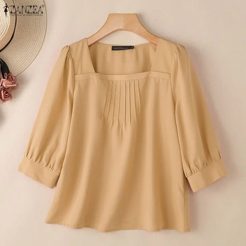 ZANZEA 여성 우아한 3/4 소매 작업 블라우스 여름 오피스 셔츠 세련된 솔리드 플리츠 튜닉 스퀘어 넥 탑 루즈 블라우스 여성용