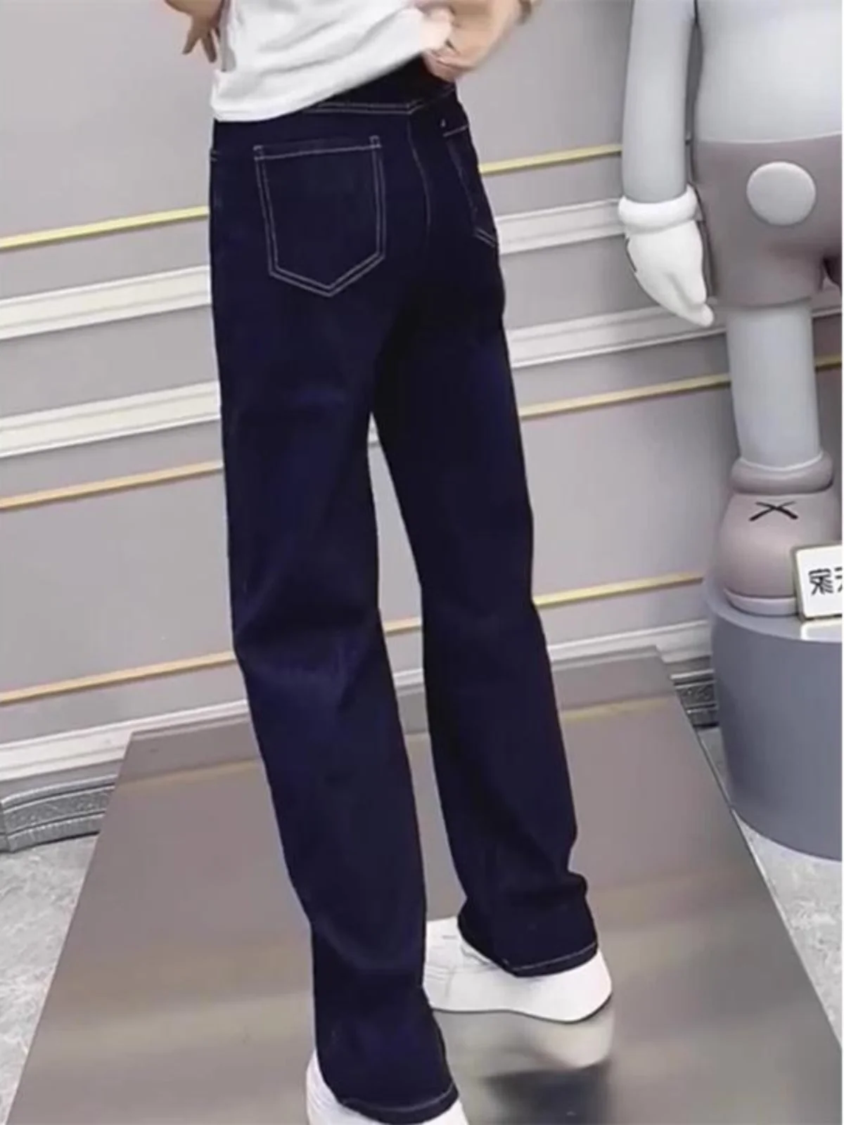 

Deep Blue Elastic Straight Leg Jeans Women's High Waist Long Pants Spring New plus Size Pear Shape Slimming Casual Denim