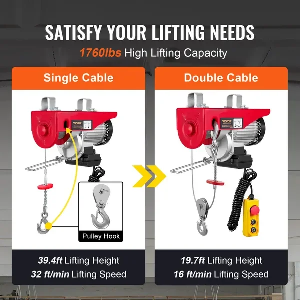 رافعة كهربائية 1760 رطل مع جهاز تحكم عن بعد 14 قدمًا، ارتفاع 110 فولت، محرك نحاسي نقي