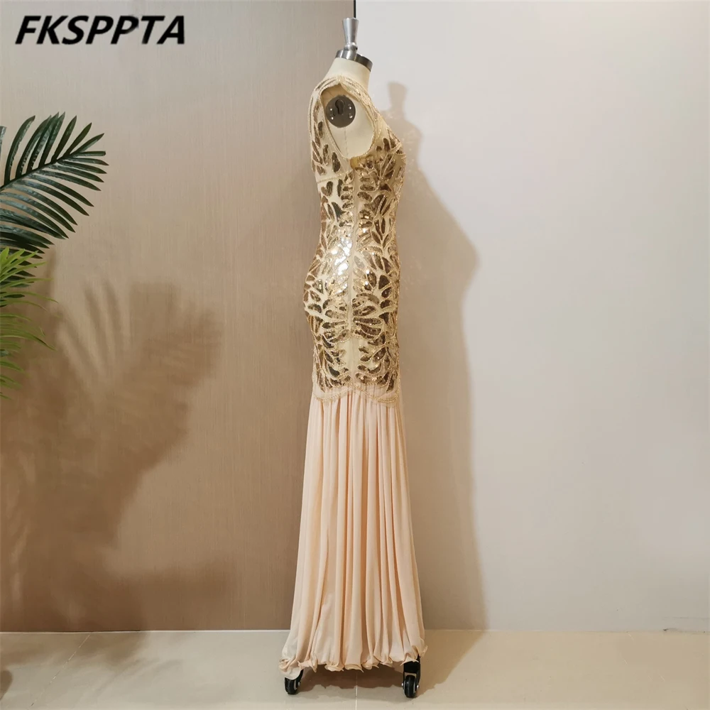 Abito lungo a sirena In oro taglie forti da sera splendido Tulle senza schienale con paillettes 2024 In Stock abito da donna per occasioni formali Robe De Soiree