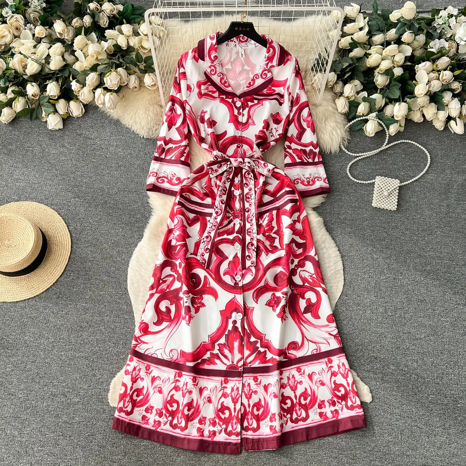 

Runway Fashion Blue and White Porcelain Print Single Breasted Shirt Dress Women Office Lady Notched Sashes Trench Vestidos