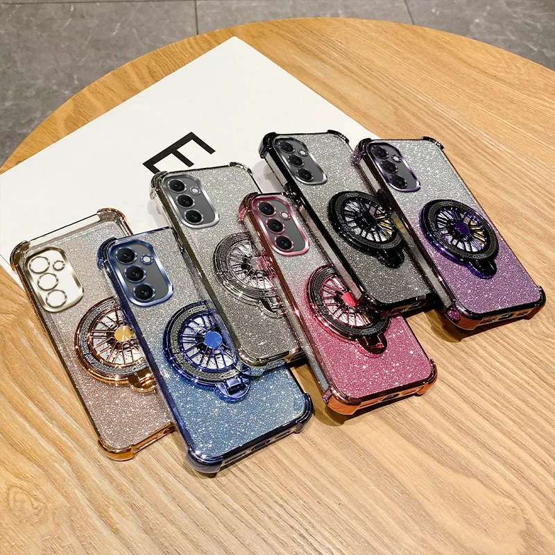 Plating Shockproof Gyroscope Stand Ring Phone Case For Samsung Galaxy A04E A04 A14 A24 A34 A54 A73 A53 A33 A23 A13 Glitter Cover