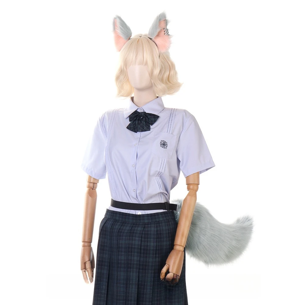 Halloween Realistic Furry Fox Wolf Ears Headband with Tail Set, Cosplay Ears Tail Kit with Piercing Decor for Anime Halloween