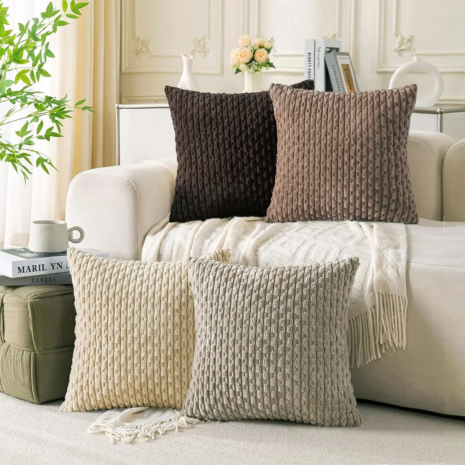 

Set Of 4 Beige Brown Coffee Decorative Throw Pillow Covers 18X18 H Corduroy Pillow Covers For Bed Couch Sofa Living Room Soft