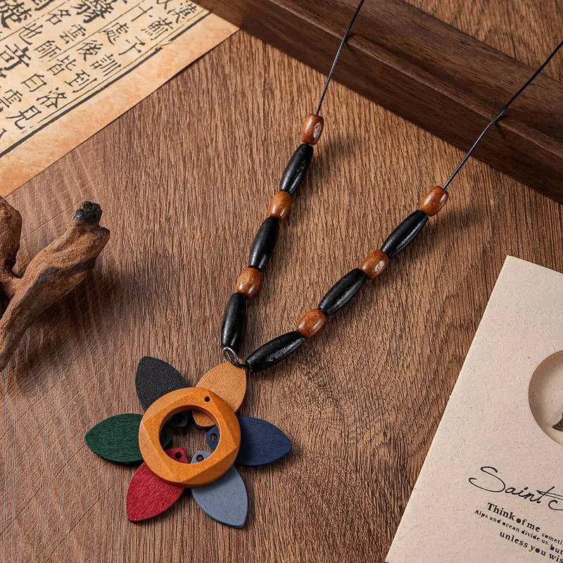 Vintage Ethnic Wood Accessories Long Necklace Handmade Beads Sweater Bohemian Necklaces for Women Daily Wear Fashion Jewelry