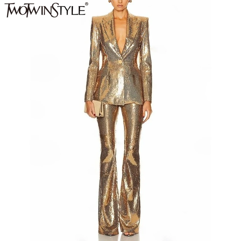 

TWOTWINSTYLE Solid Slimming Two Piece Sets for Women Lapel Long Sleeves Spliced Pockets Coat Patchwork Sequins Pant Female New
