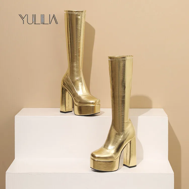 

YULILIA Sexy Woman Women's Patent Leather High Heel Mid-Calf Knee High Boots Large Size Waterproof Platform Nightclub Party Girl