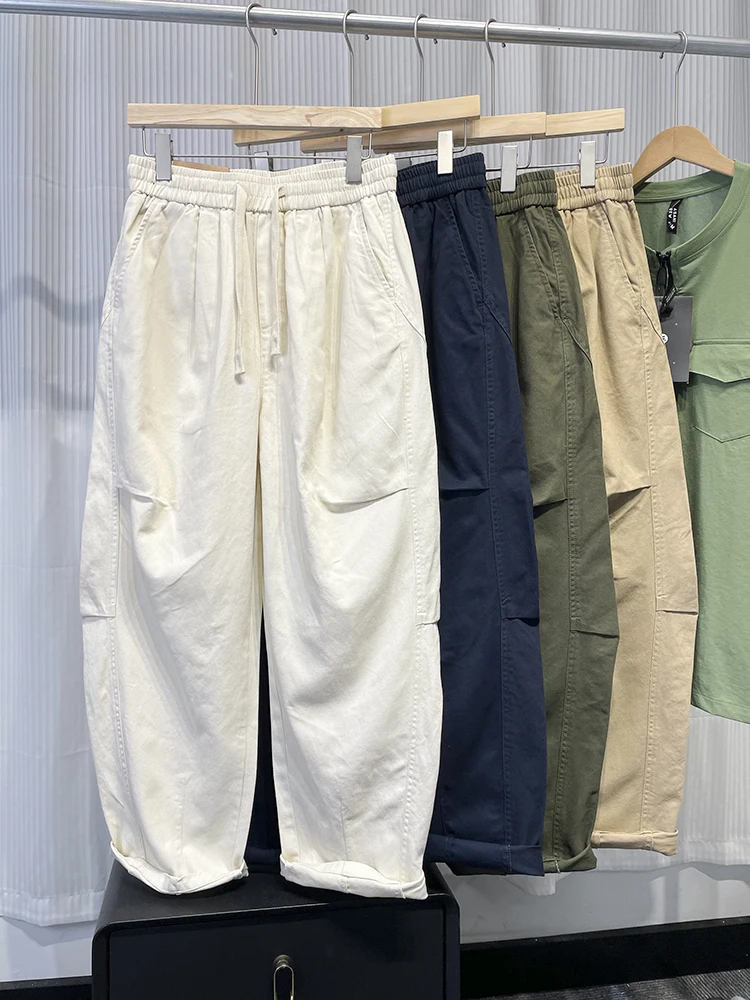 

Весенне-осенние свободные повседневные брюки прямого кроя для мужчин, модные американские хлопковые рабочие брюки с эластичным поясом на шнурке