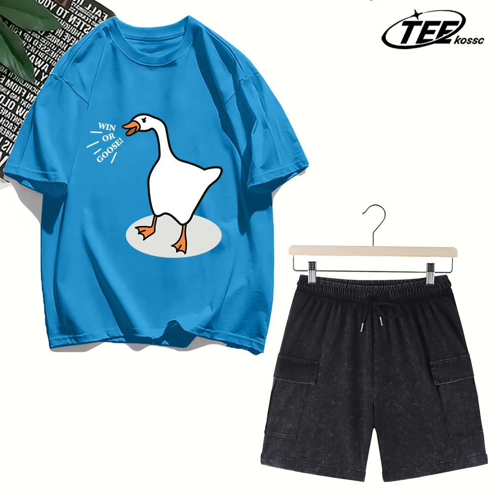 

Футболка с принтом Win Or Goose для мужчин, повседневная футболка с круглым вырезом, летняя хлопковая спортивная одежда, унисекс, свободный крой, ретро, с коротким рукавом