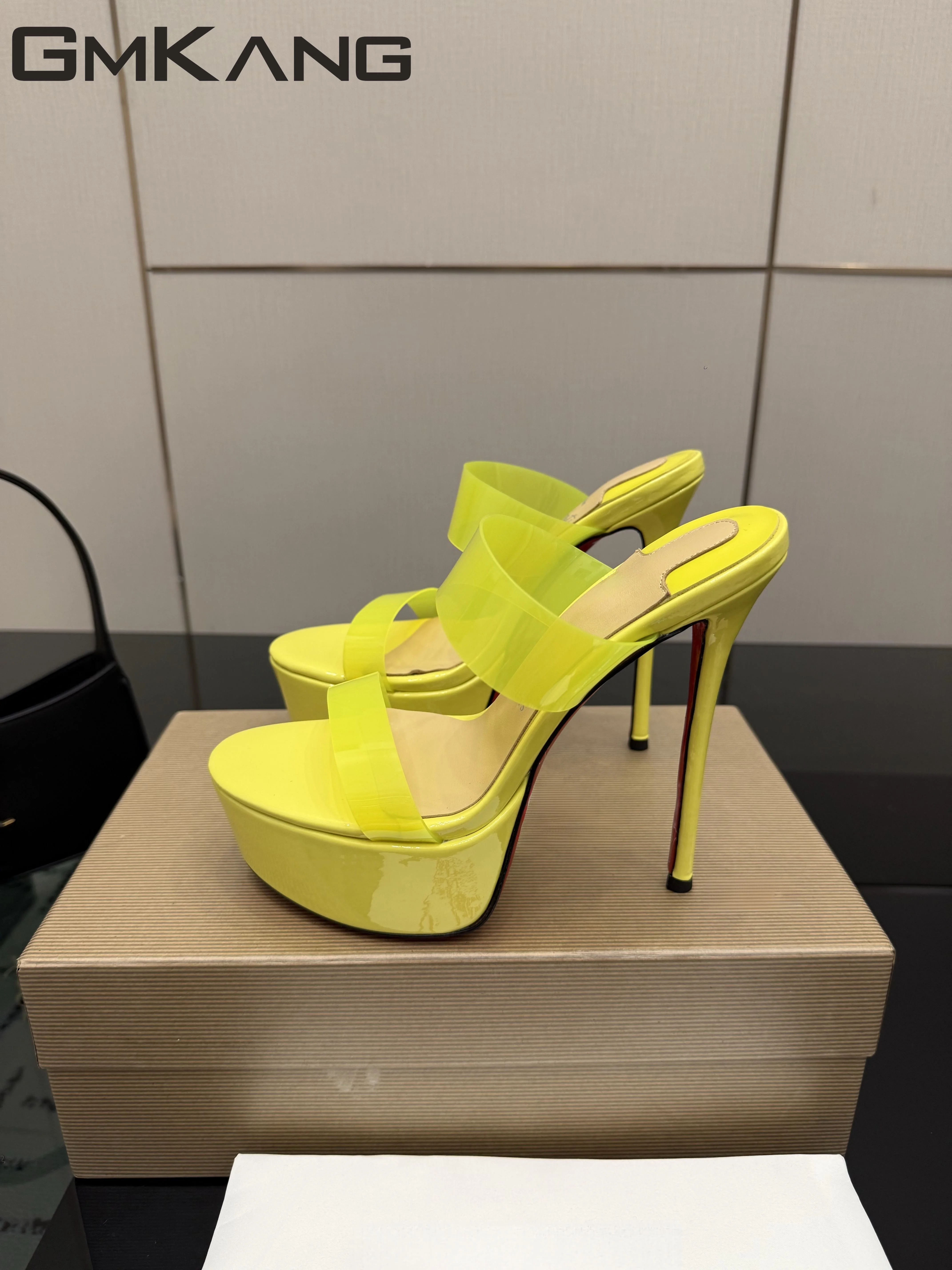 Women Platform High Heel Mules Sandals Clear PVC Strap Sole Stiletto Slip On Party Pumps Summer Nude Slide Shoes
