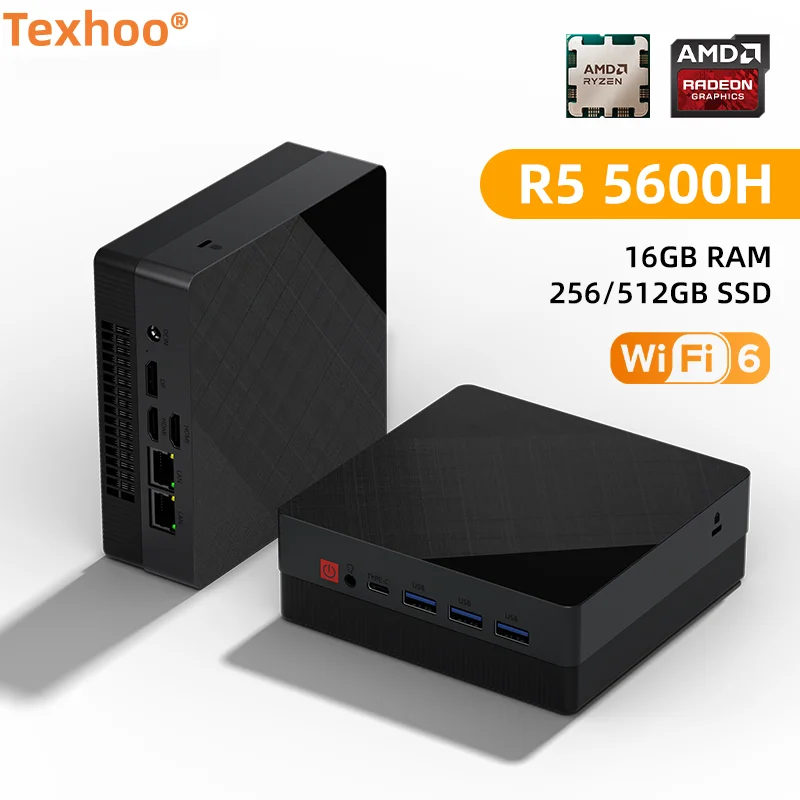 Texhoo MINI PC AMD Ryzen 5 5600H DDR4 16G RAM 512G SSD WIFI6 BT5.2 Dual LAN Dual 4k Display Windows 11 Desktop Computers