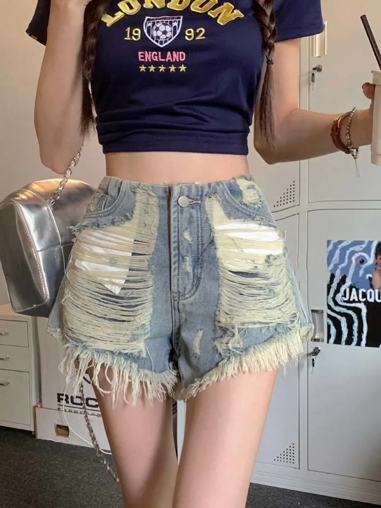 

Fashionable Hole Design Denim Shorts For Women 2024 Summer New Collection High Waist A-line Hot Pants Female Trendy