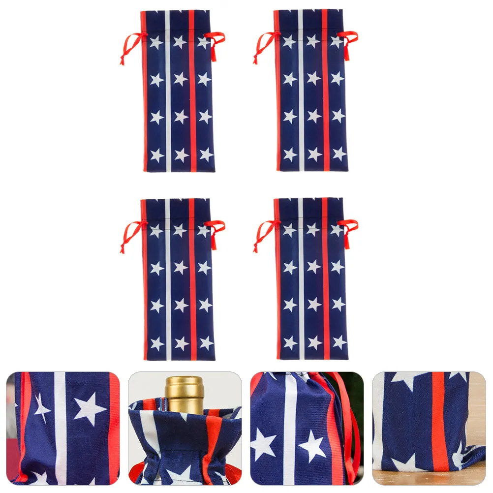 

Набор из 4-х мешочков для винных бутылок с флагом США: красно-бело-синий патриотический дизайн, чехол на День независимости, мешочек на шнурке для украшения стола