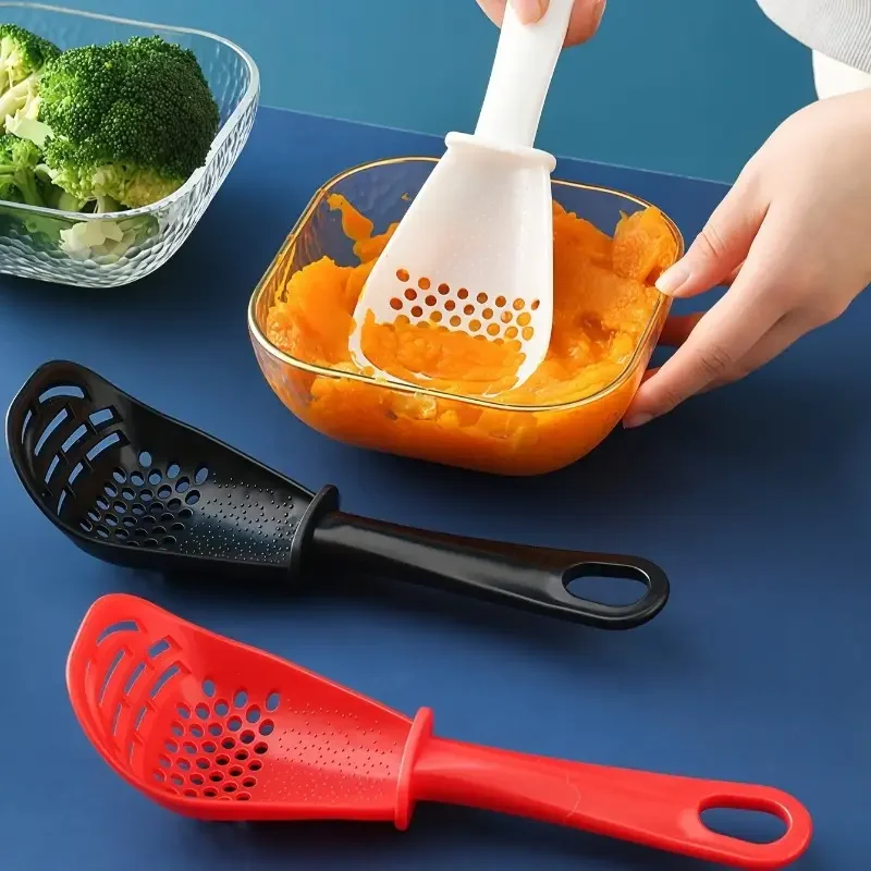 1pc White Plastic Draining Spoon Multi Functional Potato Masher Vegetable Washing Draining Rice Spoon Kitchen Accessories