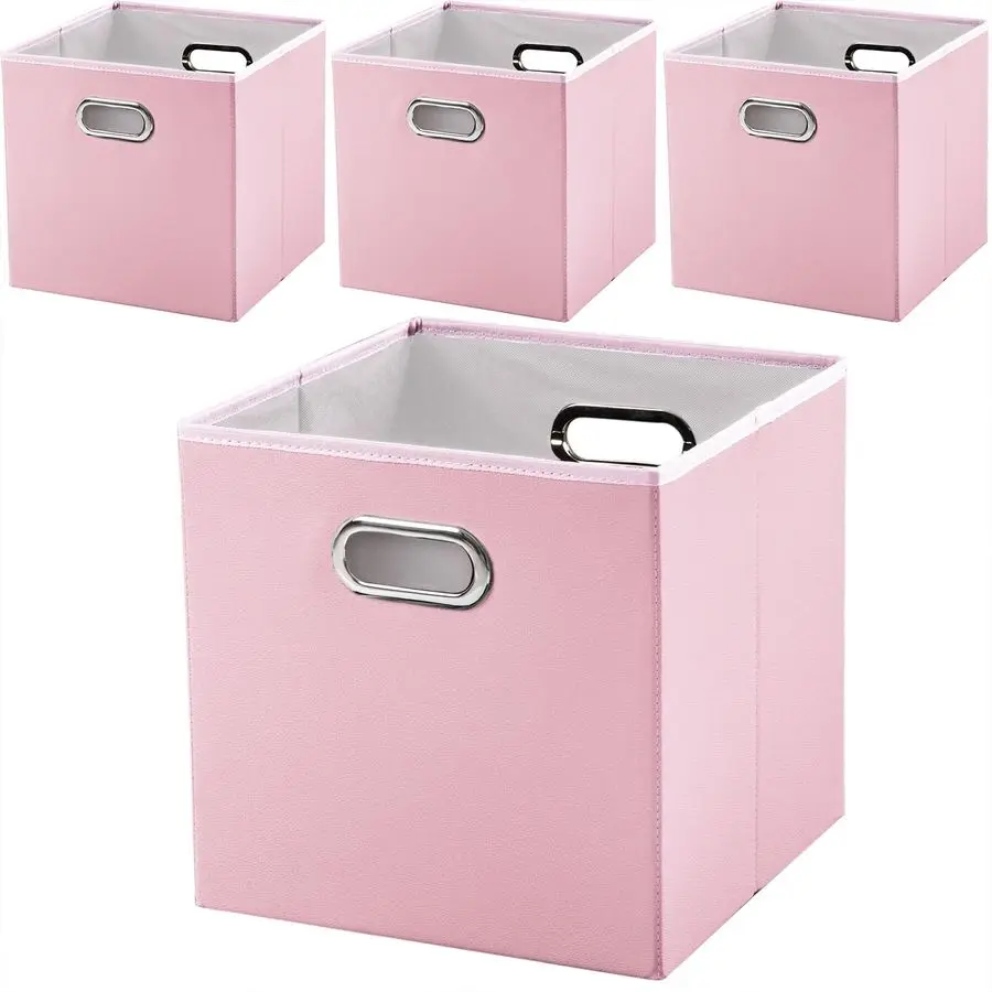 

Leather Foldable Cube Storage Bins 13x13 inch 4Pack Fabric Storage Baskets Cubes Drawer with Cotton Handles Organizer for Shelve